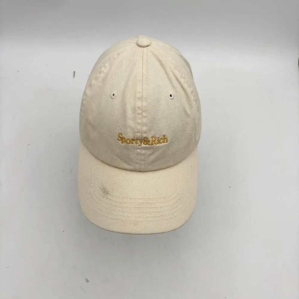 Sporty & Rich Logo Dad Hat Cream Cotton Adjustable Strapback Baseball Cap